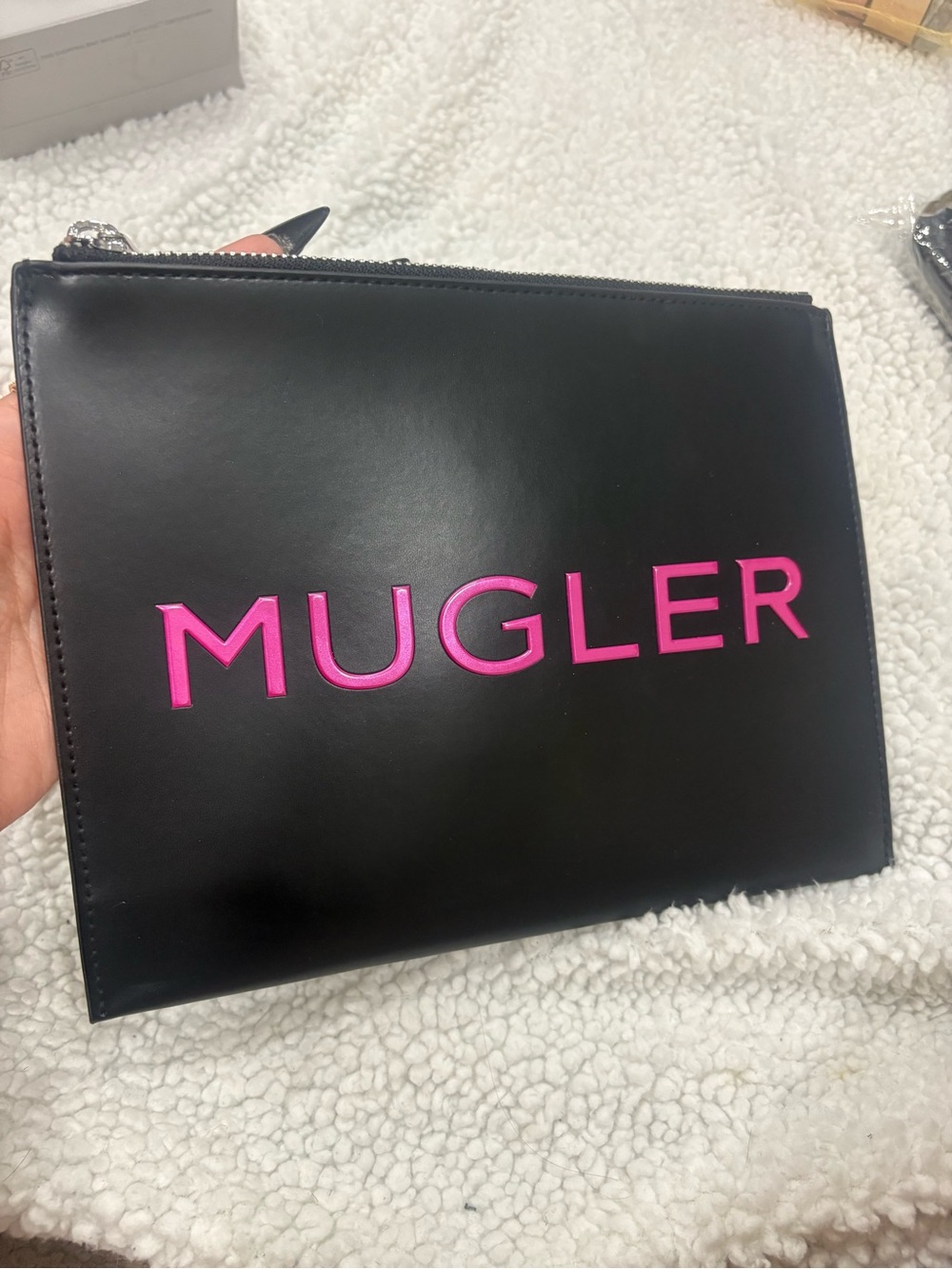 New black and pink mugler sleek pouch